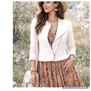 LOFT Ivory Textured Zip Cardigan Sweater Moto Jacket Medium